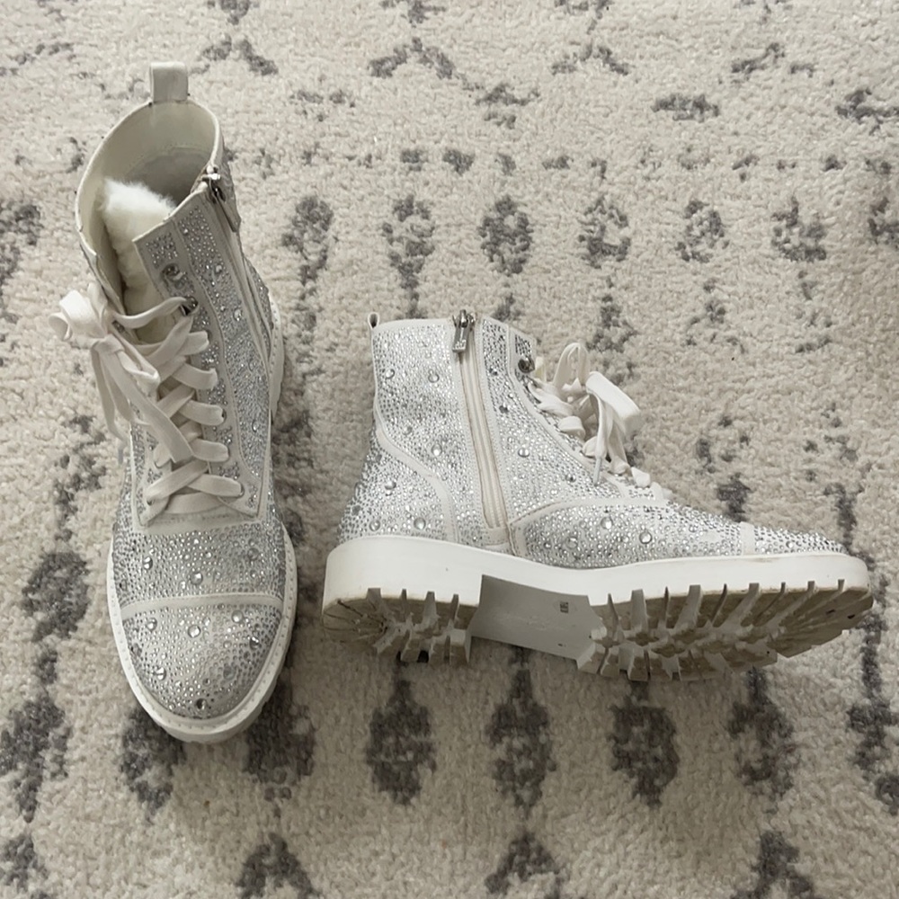 Jessica Simpson white crystal bling faux fur boots